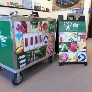 A-frame sign and mobile freezer wrap for frozen yogurt point of sale