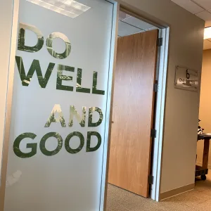 Interior office window frosted cut out graphics